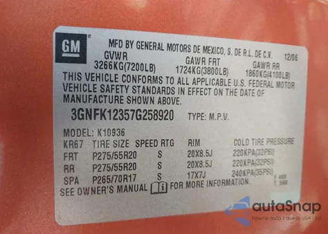 2007 Chevrolet Avalanche 1500 Lt z USA, uszkodzony, nr VIN 3GNFK12357G258920